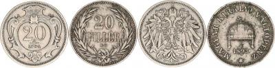 20 Fillér 1893 KB; +20 hal. 1894 b.zn 2 ks