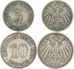 5 Pfennig 1898 E; +10 Pfennig 1909 E            2 ks