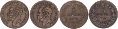 5 Centesimi 1861 N (Neapol);  1861 M (Milán)          2 ks