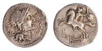 Marcus Sergius Silus 116-115 př.n.l denár L:Roma R:jezdec drží hlavu barbara Cr.286/1