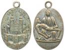 Bohosudov (Mariaschein) - Medaile na 500 let poutního místa bazil iky Panny Marie Sedmibolestné. A: Pohled na průčelí baziliky a am bity